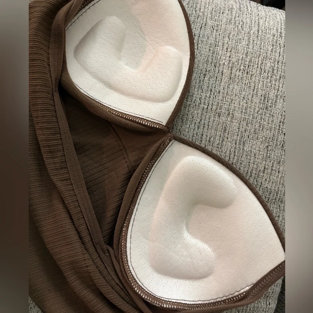 ☀️ Summer V-Neck Ribbed Camisol Stretch Push Up Cropped Bralette Color Cafe - Picture 2 of 2